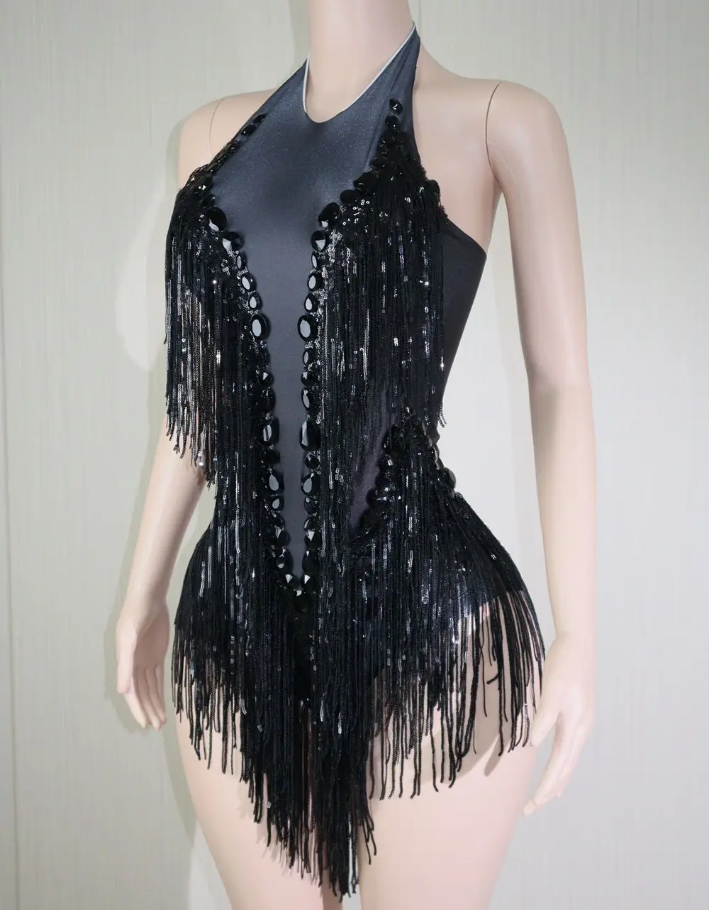 Sparkly Black Stones Sequins Fringes Leotard Women Nightclub Outfit Dance Costume One-piece Stage Wear Sexy Performance Clothing