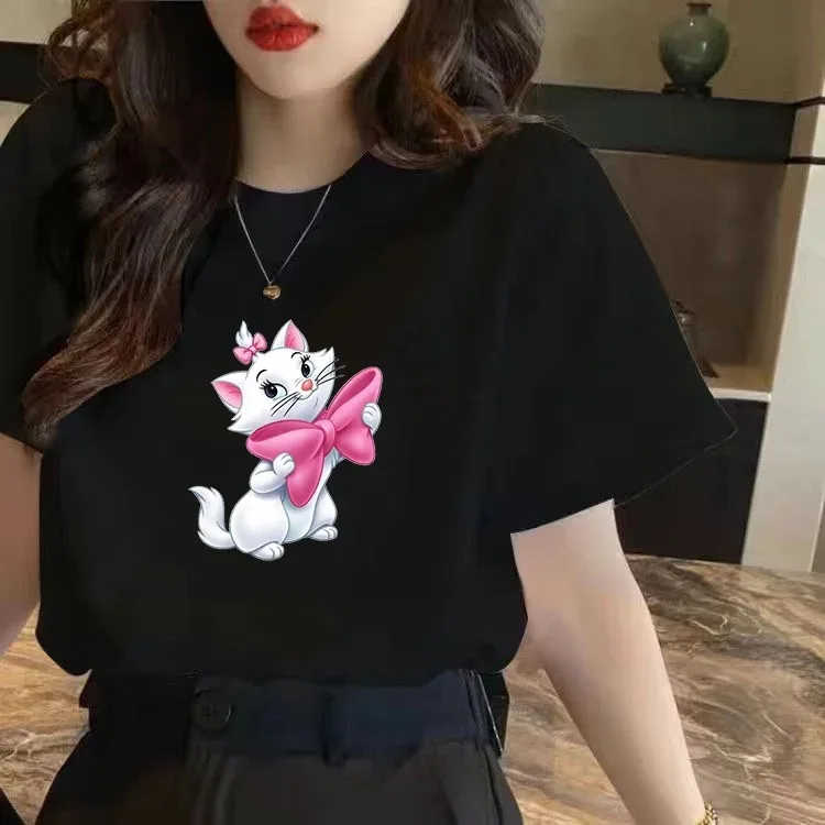 The Aristocats Marie Cat Cotton Women Girls Casual Harajuku T-shirt O-neck Short Sleeve Streetwear Summer Female T-shirt