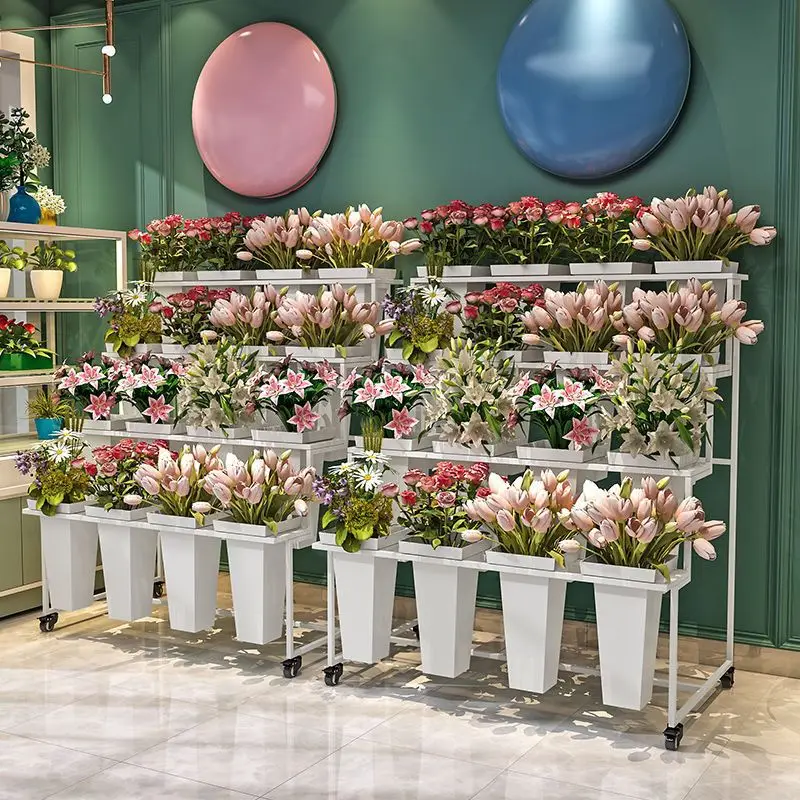 Movable ladder multi-layer flower shop stand wrought iron fake stand flower shop bucket display stan