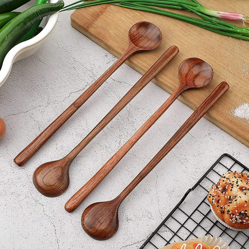 Cucharas redondas de madera con mango largo, cucharas largas de estilo coreano para sopa, cocina mezcladora, 6 unidades