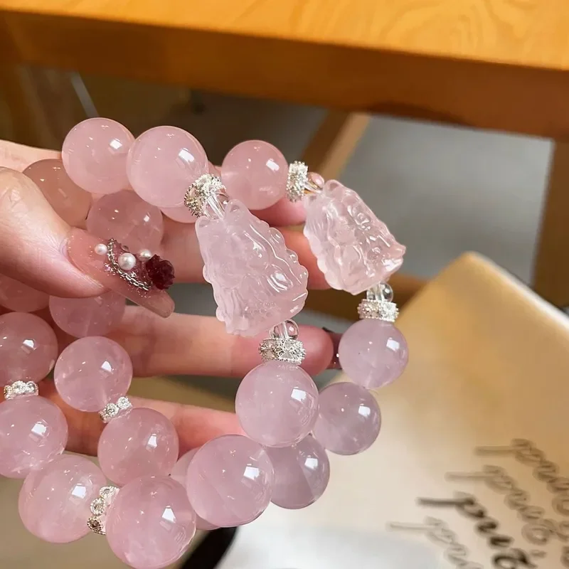 Qixi Festival Gift Natural Peach Blossom Powder Crystal Fox Empress Bracelet Female Original Hibiscus Stone Good Luck Powder