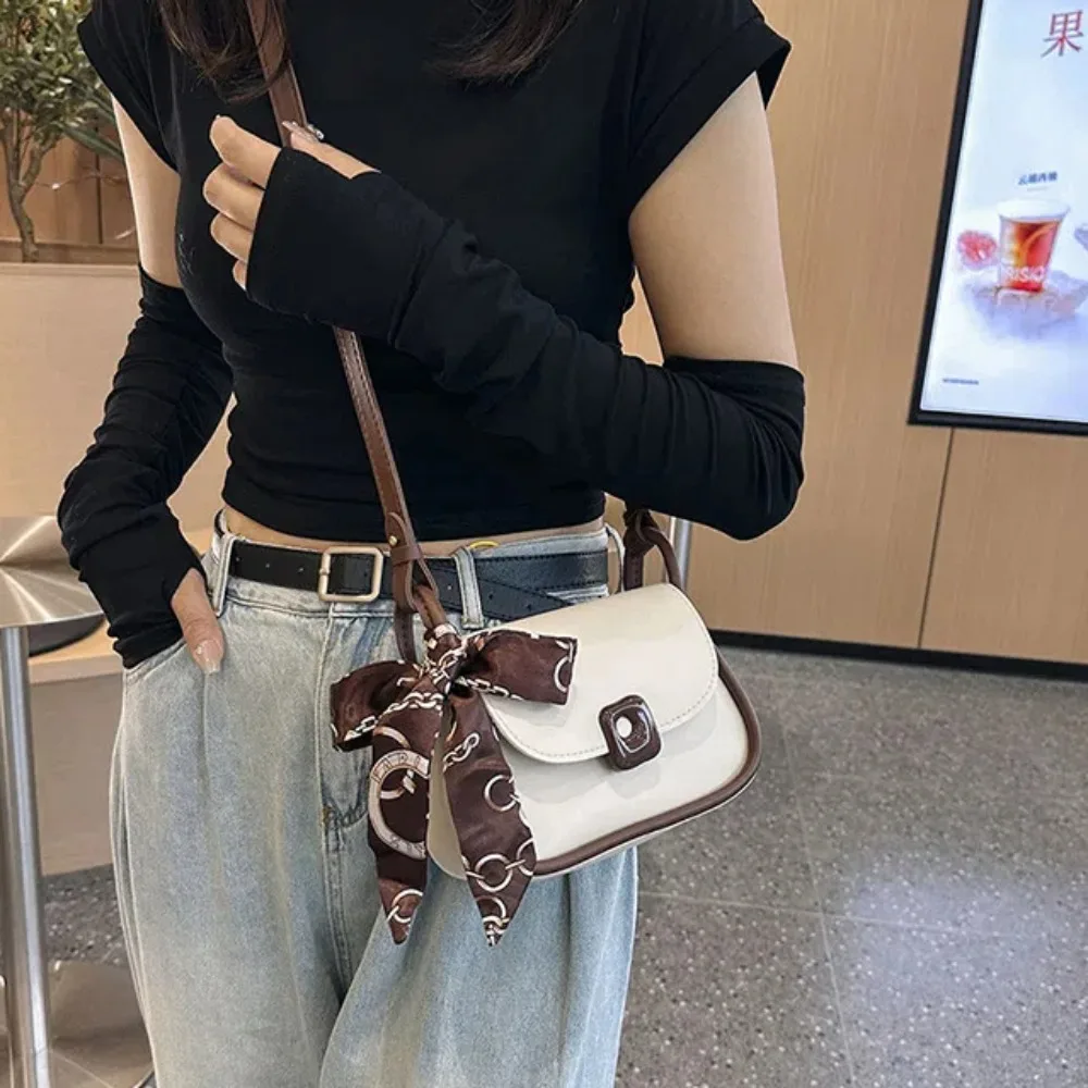 Bow Pendant Silk Scarf Underarm Bag Korean Style Color Blocked Texture Shoulder Bag Adjustable Strap Magnetic Buckle