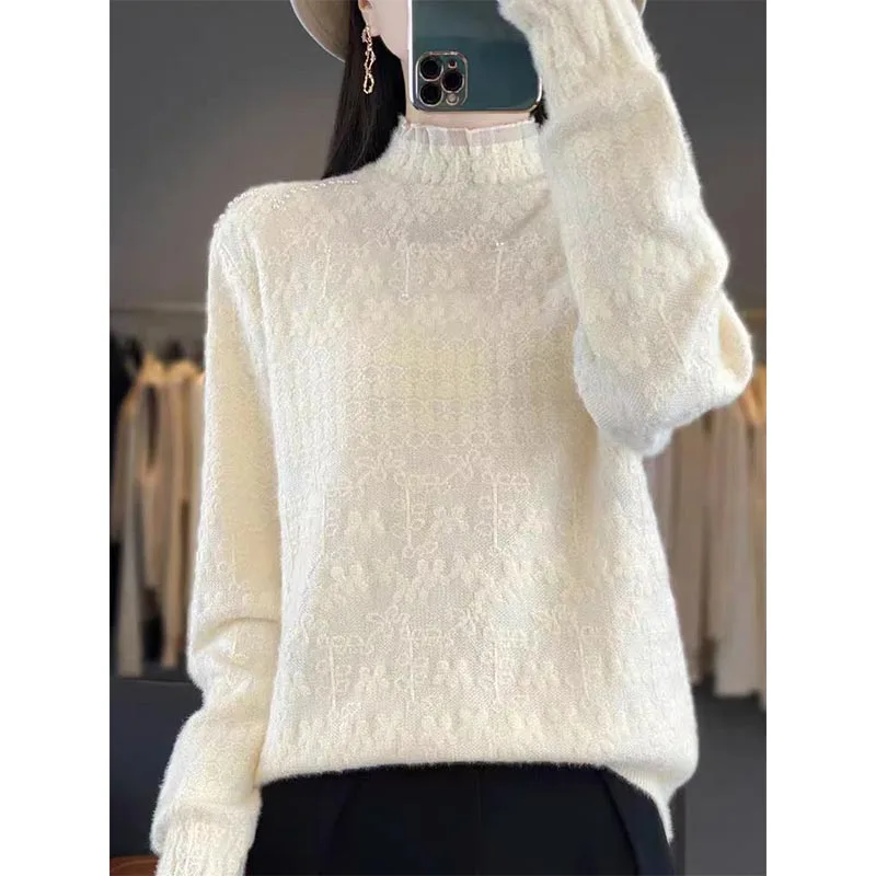 

Women's Clothing Fashion Half High Collar Lace Long Sleeve Pullovers Autumn Winter New Elegant All-match Thick Knit Sweaters Top