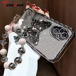 3D Butterfly Phone Holder Bead bracelet Glitter Plating Case for Huawei Honor 200 100 90 GT Pro Lite Back Cover