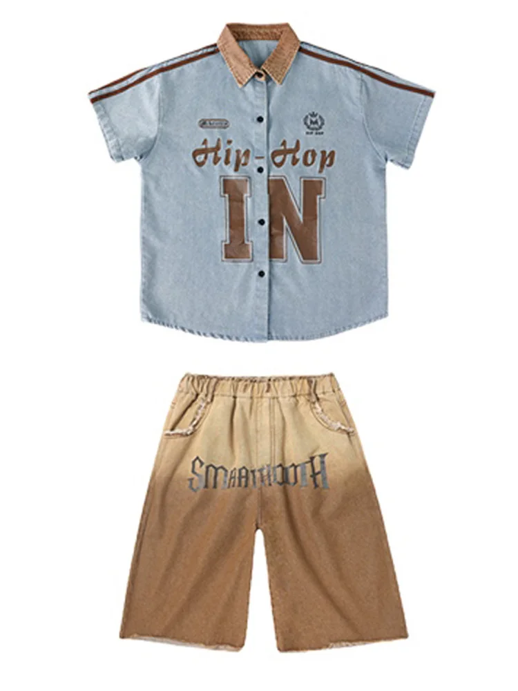 Girls Hip Hop Dance Costume Boys Denim Shirt Short Sleeves Kids Fashion Street Clothing Modern Jazz Dance Outfit Kpop BL16432