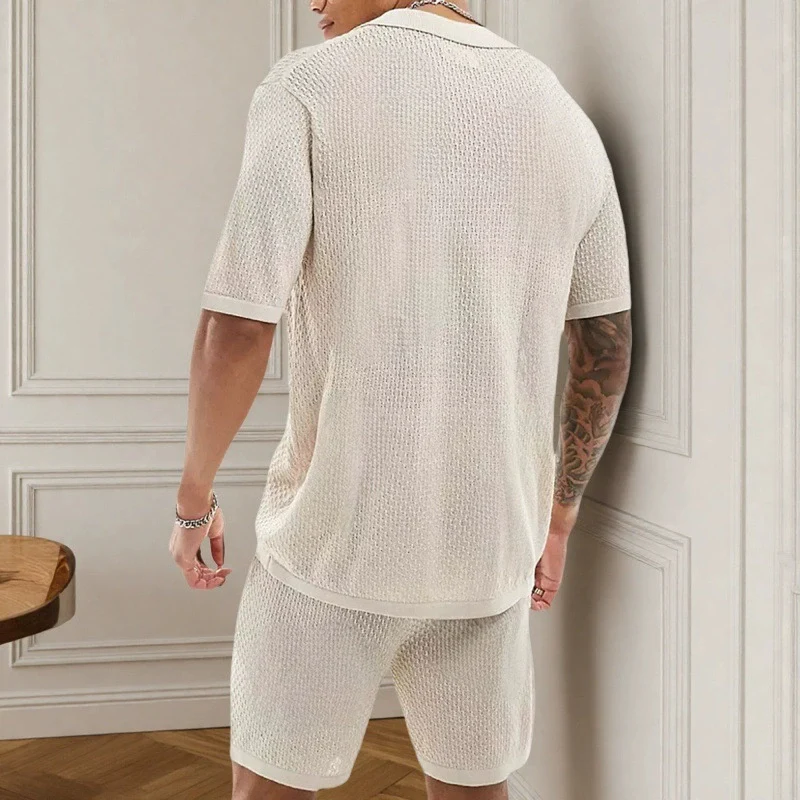 ジャカードニットウェア 2 点セットシャツ & ショーツスーツ男性カジュアル夏の涼しさ品質シルキー弾性トラックスーツアンサンブルオム