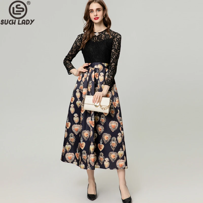 

Women's Runway Dresses O Neck Long Sleeves Embroidery Lace Bodice Patchwork Printed Elegant Fashion Vestidos