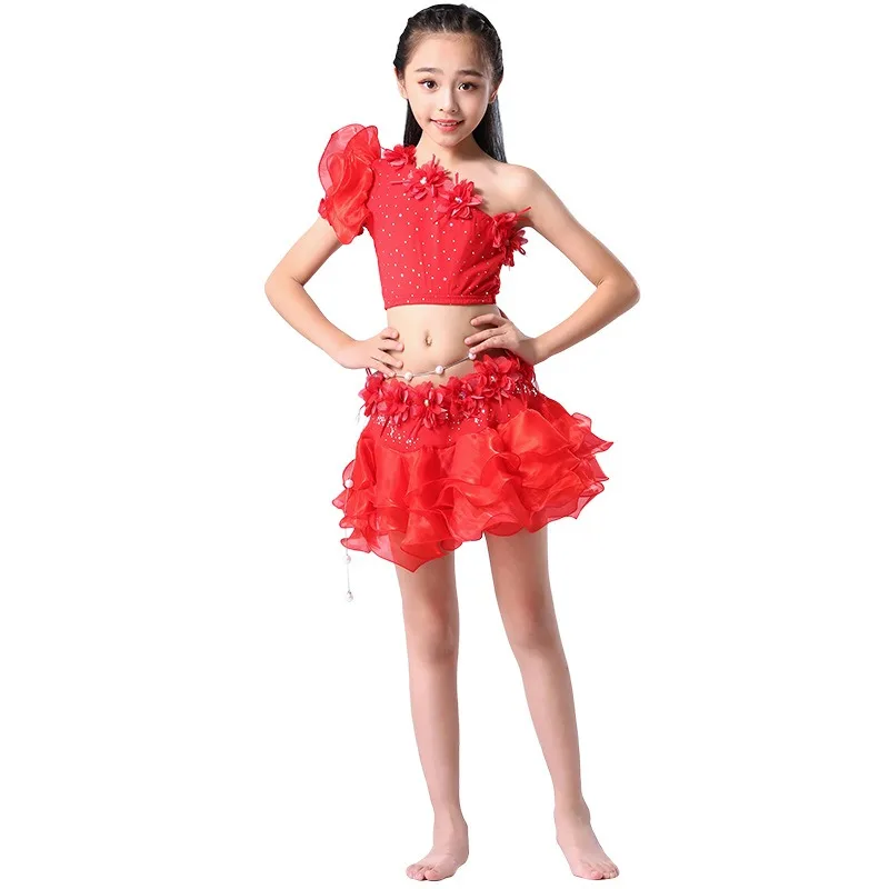 Trajes de dança do ventre personalizados, vestido de performance infantil, saia bufante sem ombros, vestido de prática, conjunto de dança do ventre para meninas
