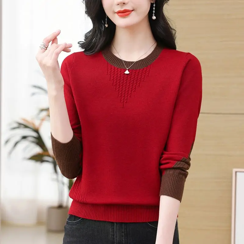 O-Neck Pullover Long Sleeve Sweater Knitted Women\'s Clothing Casual Commute Screw Thread Autumn Winter Contrast Color Tops