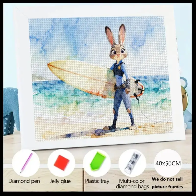 

1PC 5D DIY Full Drill Diamond Painting Kit, Zootopia Judy Hopps Surfing Beach Scene Art, 40x50CM Cartoon Character Crystal Rhine