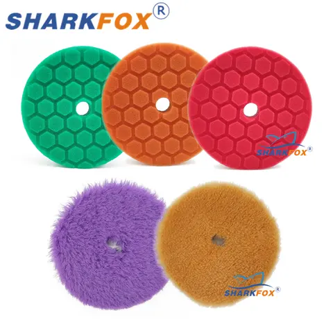 Sharkfox 자동차 스폰지 울 폴리싱 패드 세트, DA, RO, GA 버퍼 폴리셔, 버핑 왁싱, 5 인치 (125mm), 6 인치 (150mm), 세트당 5 개