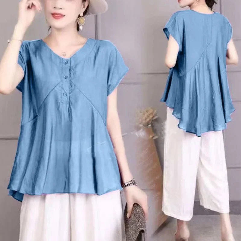 New Summer Solid Color V-Neck Button Spliced Loose Versatile Fashion Simplicity Commuter Women\'s Short Sleeve Chiffon Shirt Top