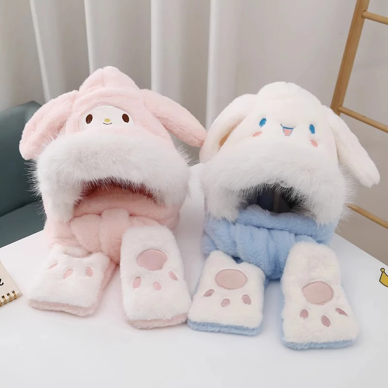 

Sanrio новая милая плюшевая шапка, шарф, перчатки, теплые висячие варежки на шею, кавайные зимние велосипедные перчатки