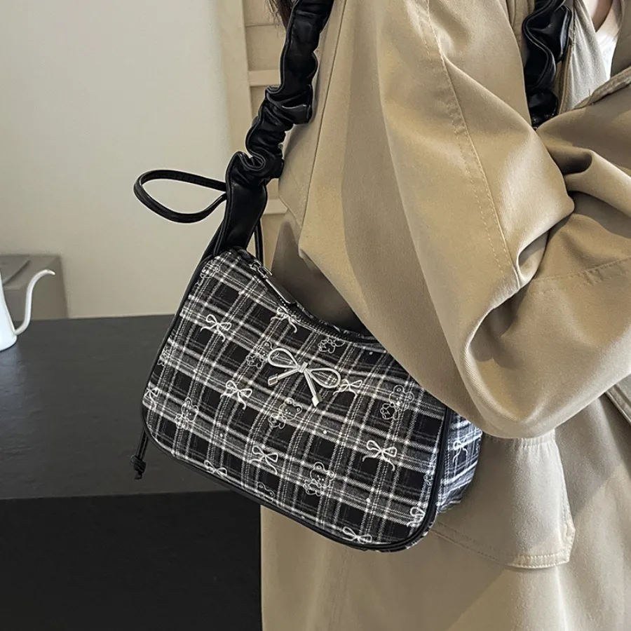 

Autumn/Winter Fashionable Textured Checkered Bow Women's Bag Woolen Versatile Crossbody Bag Pleated Shoulder Underarm Bags