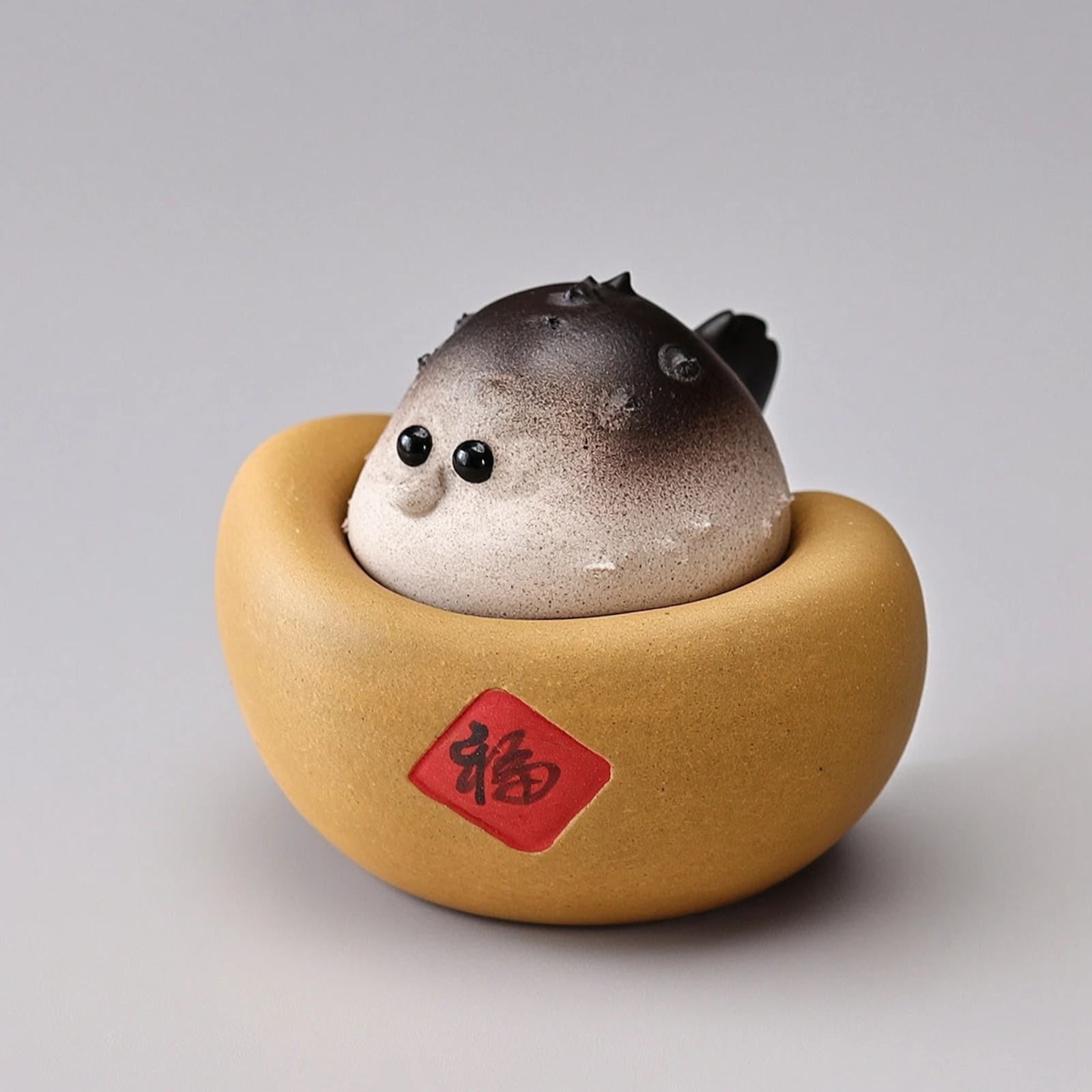 Gold Ingot Incense Holder Matte Pufferfish Incense Burner Censer Miniature Ceramic Handmade for Meditation Corner