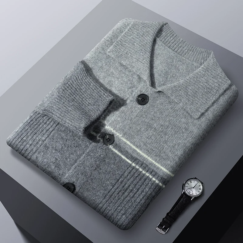 Autumn And Winter New 100% Pure Wool Lapel Cardigan Leisure Business Men's Knitted Bottoming Color Matching Sweater Coat