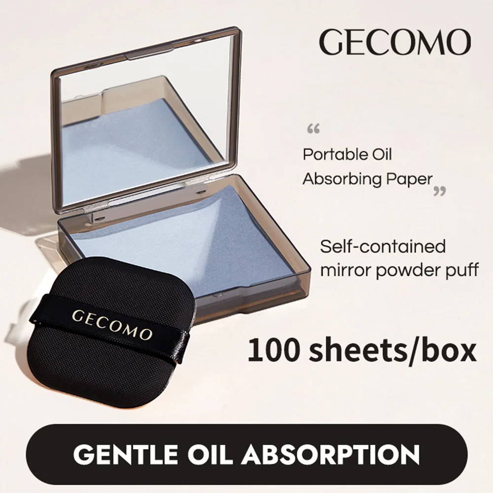 GECOMO 100 Sheets in a Box of Bamboo Charcoal Oil-absorbing Paper with Powder Puff Mirror Portable For Long-lasting Makeup