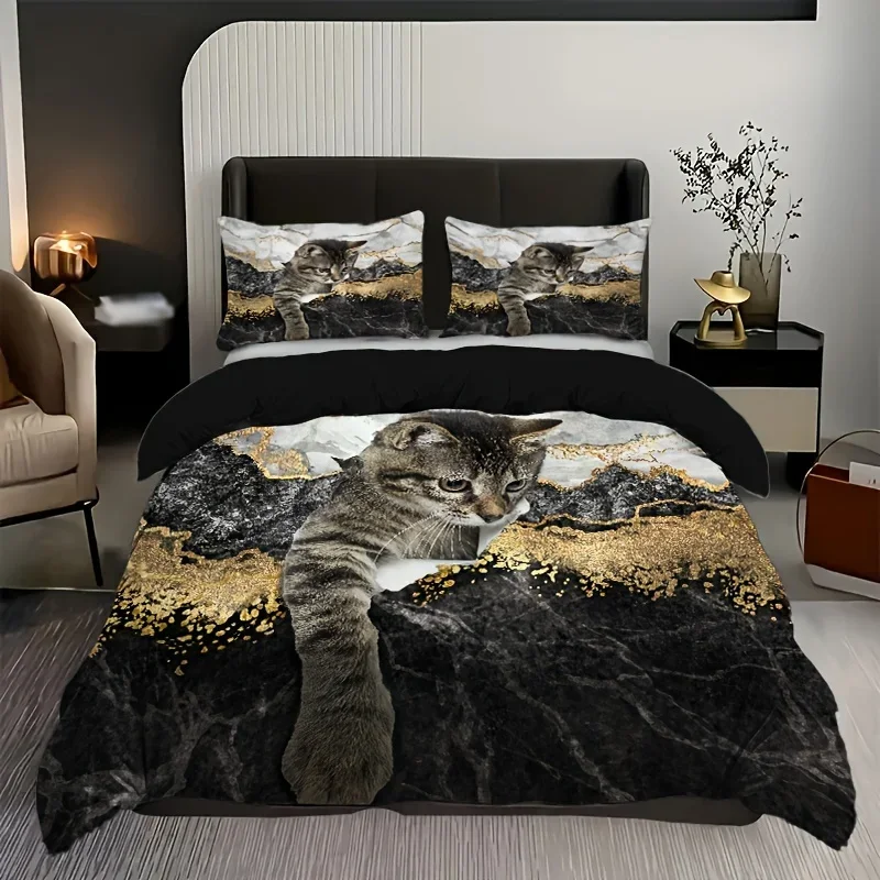 Cat Marble Duvet Cover Set 3D Animal Print with Cute Cat Design Breathable Bedding Set Includes 1 Duvet Cover 2 Pillow Cases