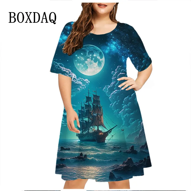 2023 Summer Vintage Ship Scenery Dress Women Short Sleeve Loose Casual Dresses Plus Size Female Clothing 6XL Sundress Vestidos