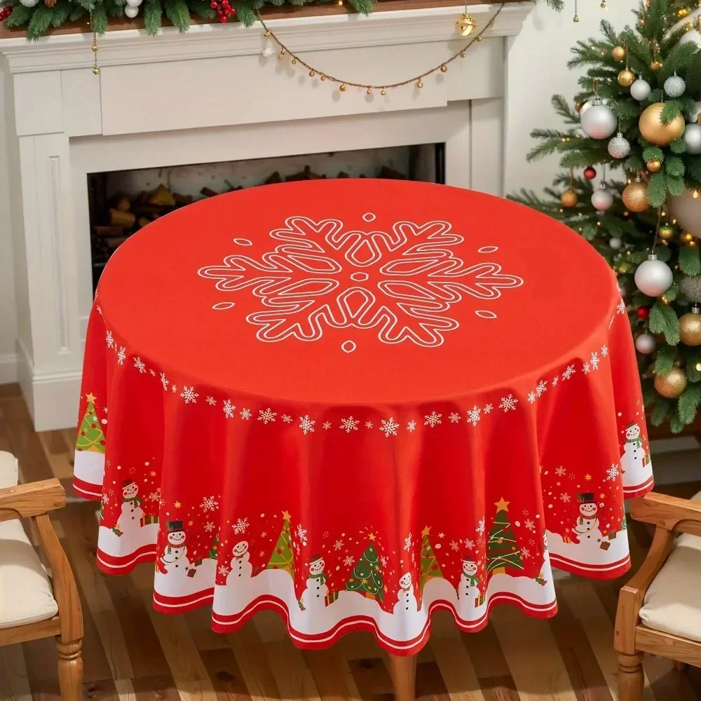 Festive Red Christmas Round Tablecloth Snowman Presents Pine Tree Design Prints Perfect for Holiday Party Decoration GCE4-D