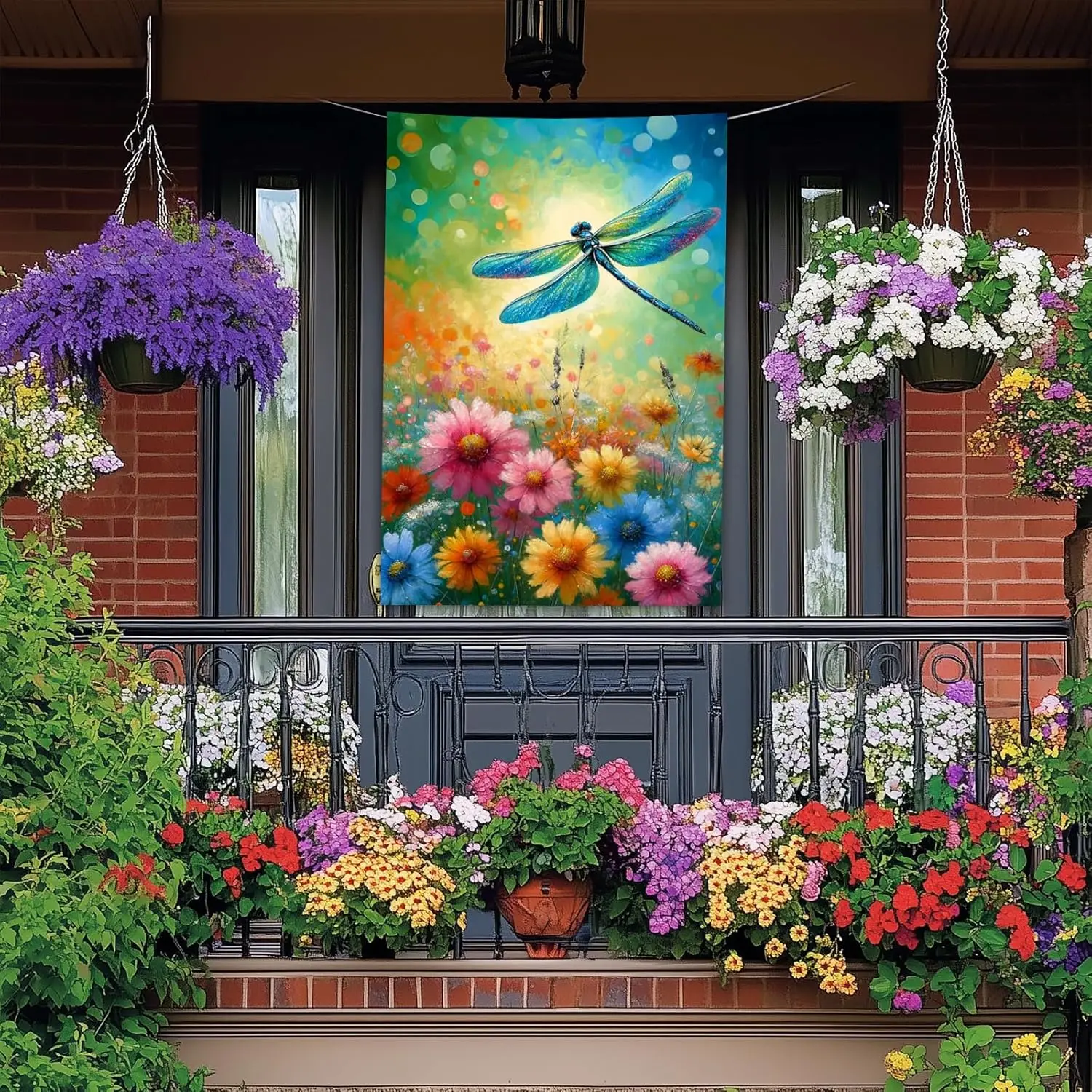 Dragonfly House Flag 28 x 40 Inch Double Sided Spring Summer Garden Flag with Colorful Floral Meadow and Nature Artwork for  SSL
