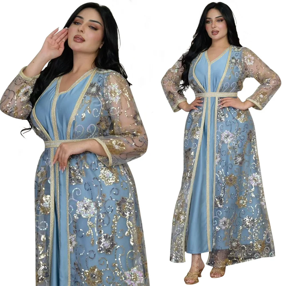 Nahen Osten Arabischen Muslimischen Anzug Kleid Frühling Neue Pailletten Gurtband Robe Abaya Hohe Taille Lange Lose Maxi