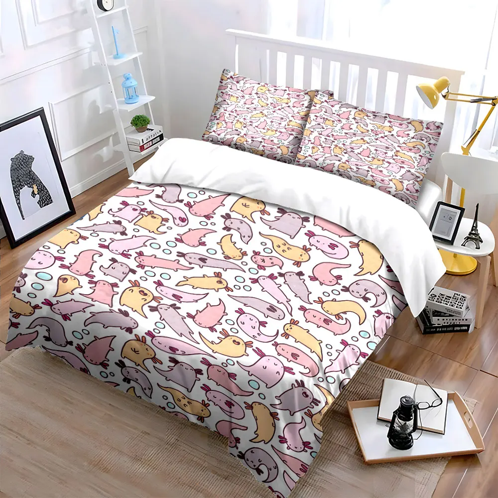 Cute Colorful Aquatic Animal Illustration Print Bedding Set 1 Duvet Cover 2 Pillowcases for Adult and Children Luxury Gift