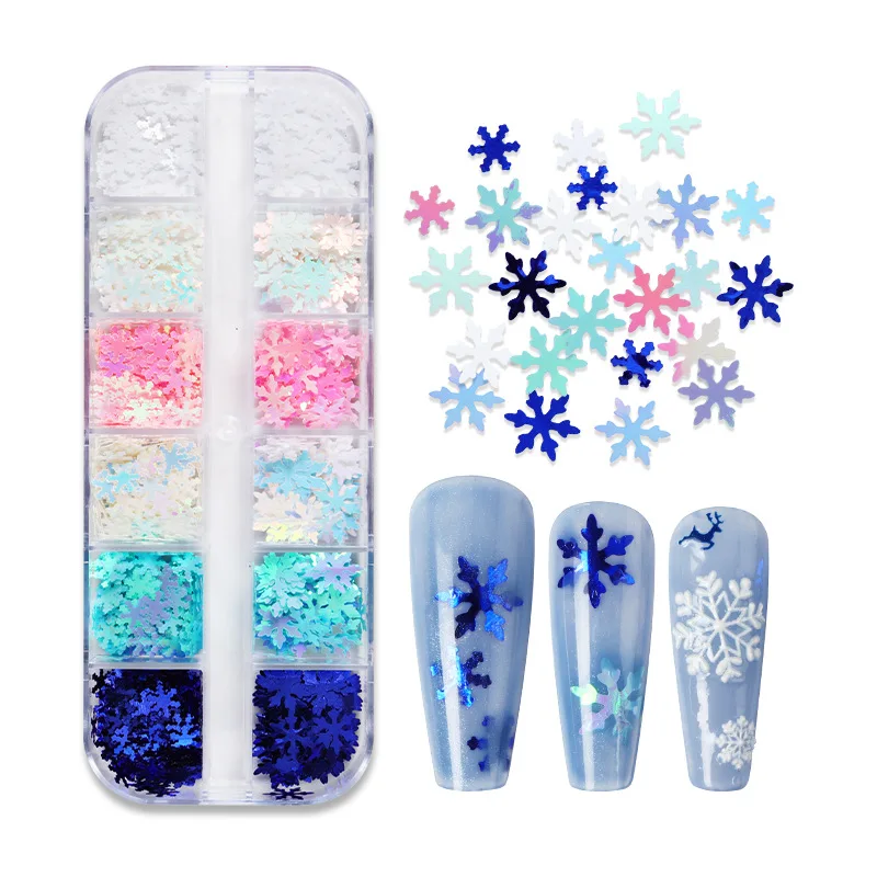 

12 Grids Christmas Glitter Sequins Winter Blue Snowflake Nail Art Decorations