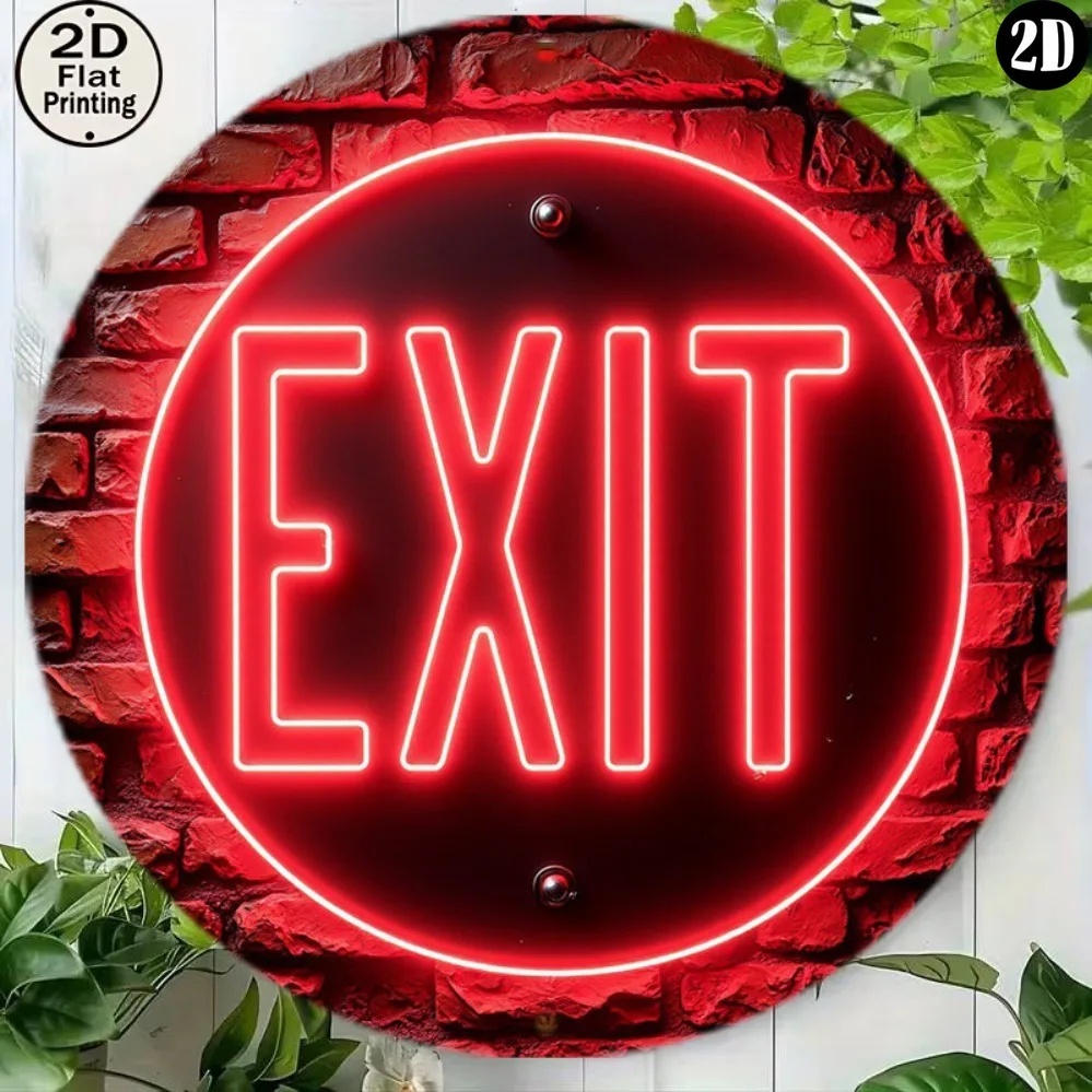 Round Metal Tin Sign EXIT Fake Neon Wall Decor, Non LED 2D Flat Metal Plaque For Shop Garage Restaurant