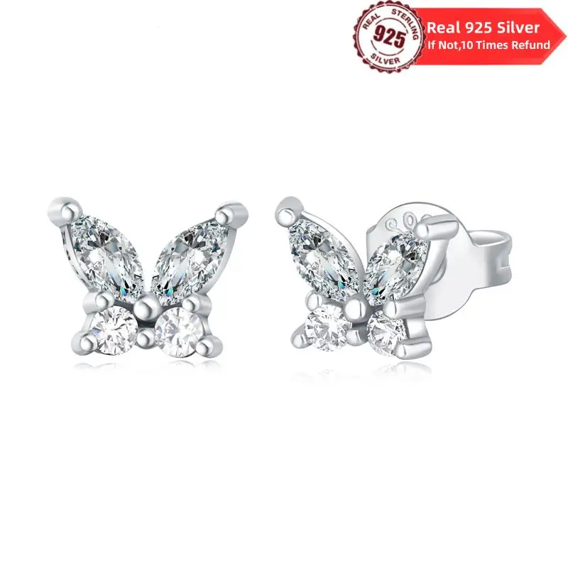 Authentic 925 Sterling Silver Crystal Butterfly Hoop Earrings For Women Simple Puncture Earrings Fit Girl Birthday Evening Party