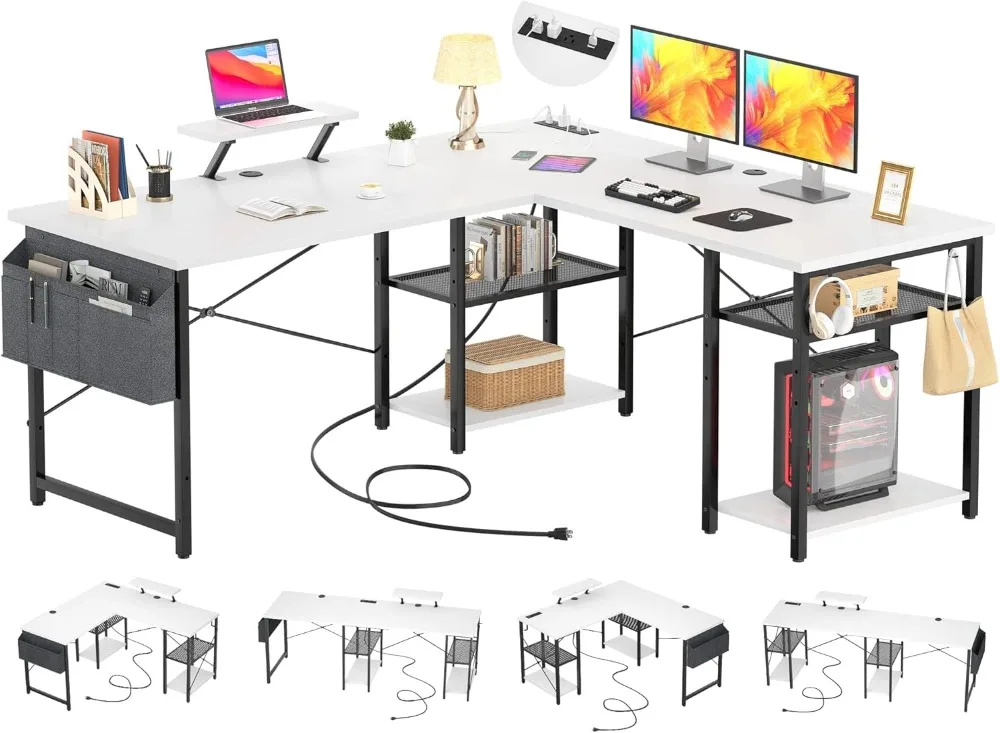 

Aheaplus L Shaped Desk with Outlet and USB Charging Ports, L-Shaped Desk with Storage Shelves Reversible Corner Computer