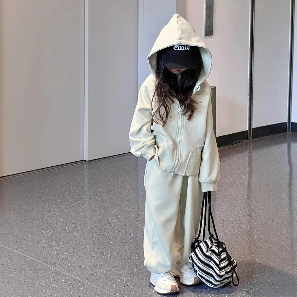 2026 Winter Autumn Teen Girls Set Loose Jacket Hooded + Tracksuit Wide Leg Pants Kids Clothes Suit Child Outfits 4 8 10 12 Year