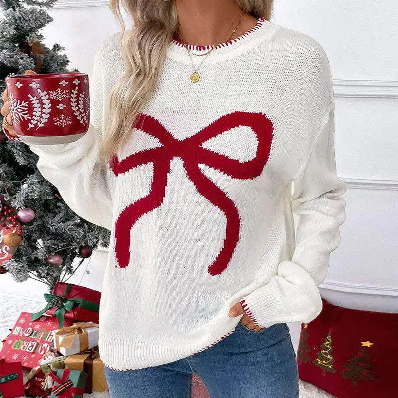 Sweet Long Sleeve round Neck Knitted Sweater for Valentine's Day Date Autumn Winter Fashion Girl's Woolen Coat Medium Thick