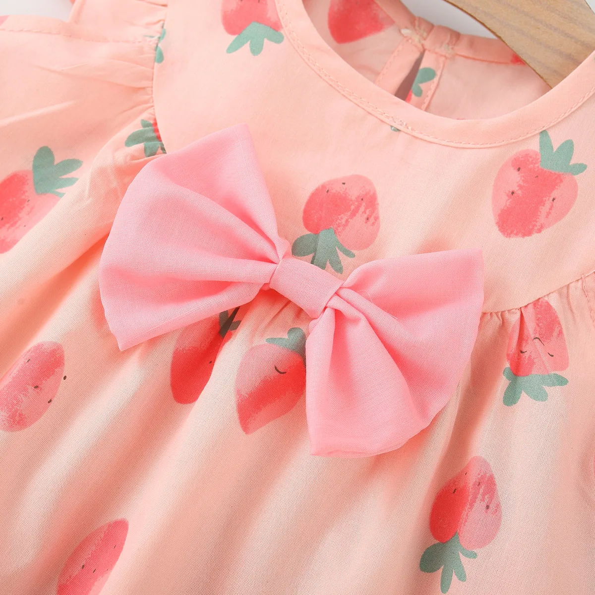 2Pcs/Set Summer Baby Girl Strawberry Dresses Sleeveless Flower Bow Knot Toddler Kids Costume Suit 0 To 3 Years Old Send Hat