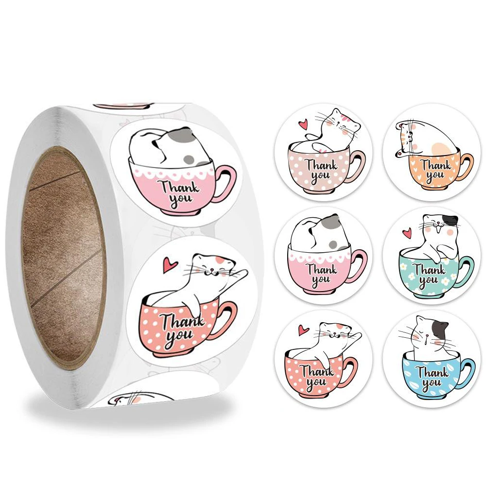 Pegatinas de gato Kawaii para tarjetas de felicitación, sello redondo de animales de dibujos animados, papelería de decoración de regalo, 100-500 piezas