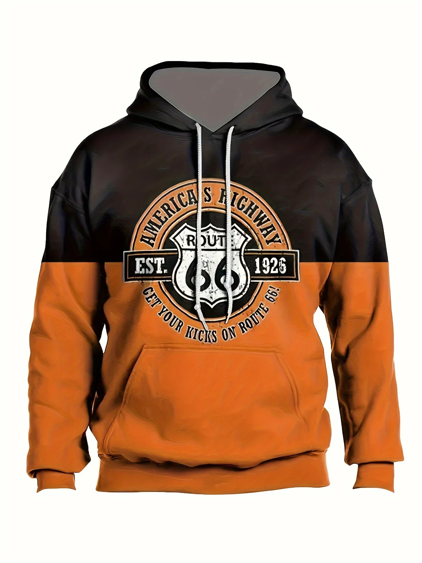 

Men's Stylish And Stylish Hooded Sweatshirt With Retro Route 66 Graphic Design. Casual Outdoor Wear Pullover
