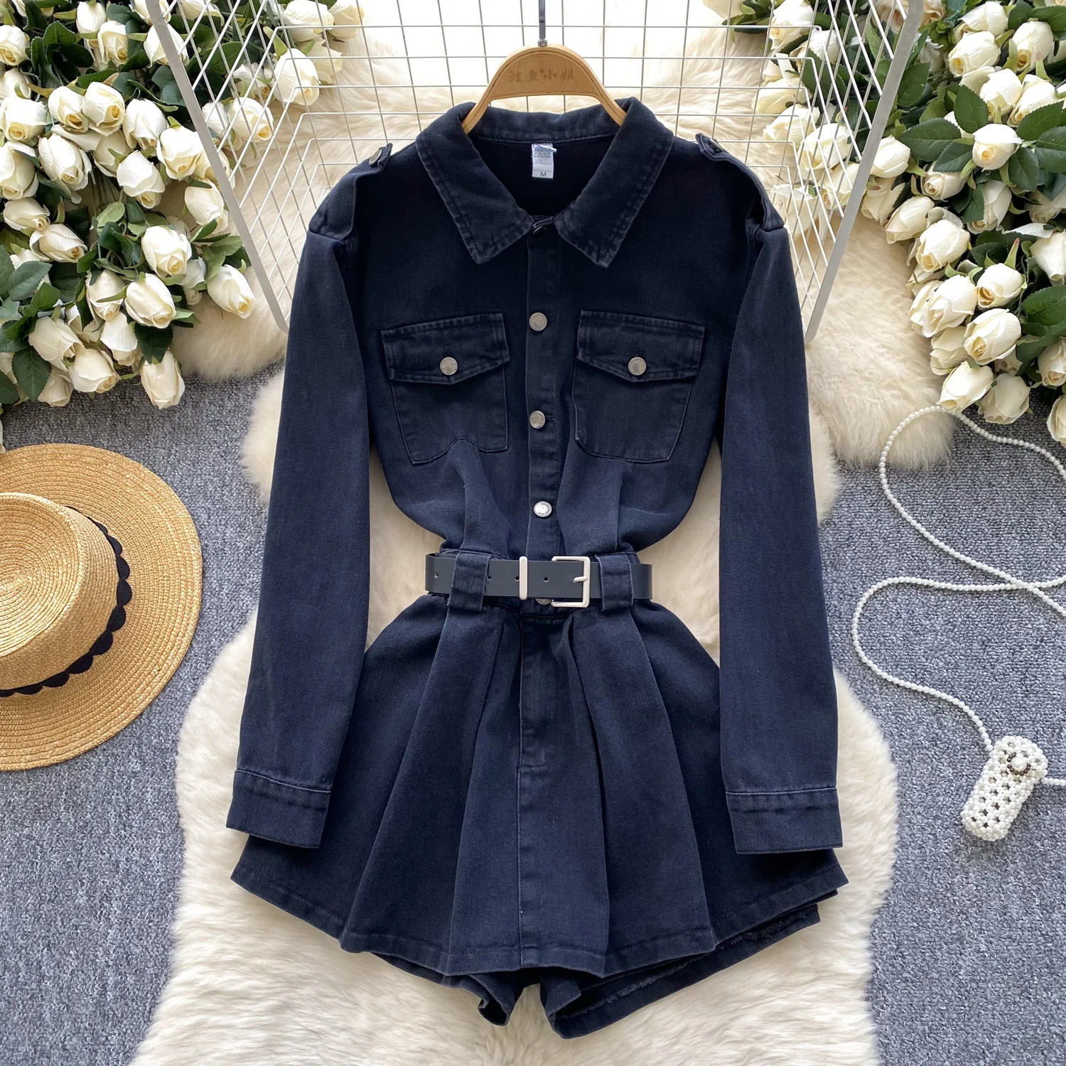 Women Jumpsuit Rompers Single Breasted Long Sleeve Vintage Denim New Arrived Jeans Playsuits