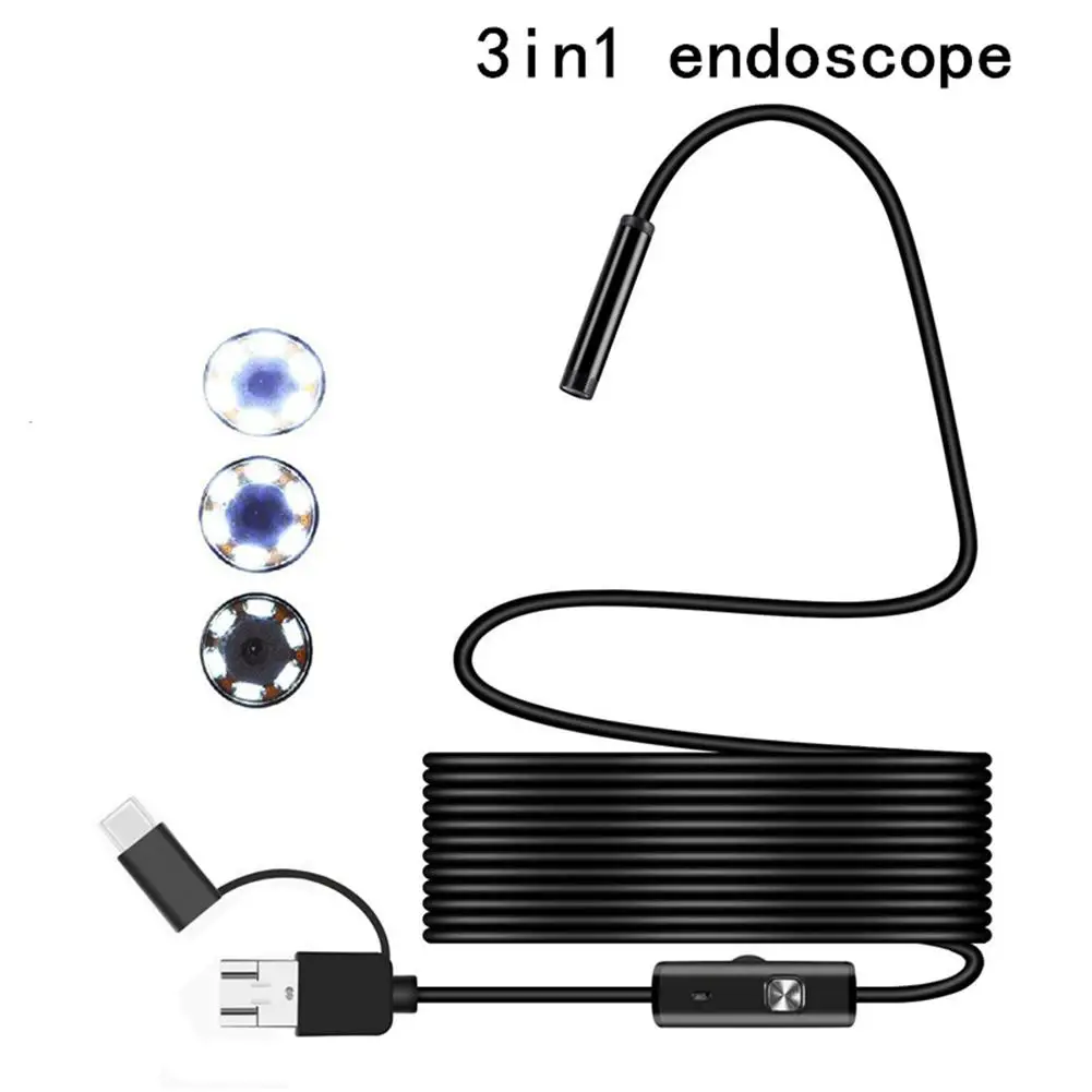 7MM Endoscope Camera 3 IN1 Micro USB Type C Borescope Mini Camera 6 LED Adjustable Borescope for Android Type-C Phones PC
