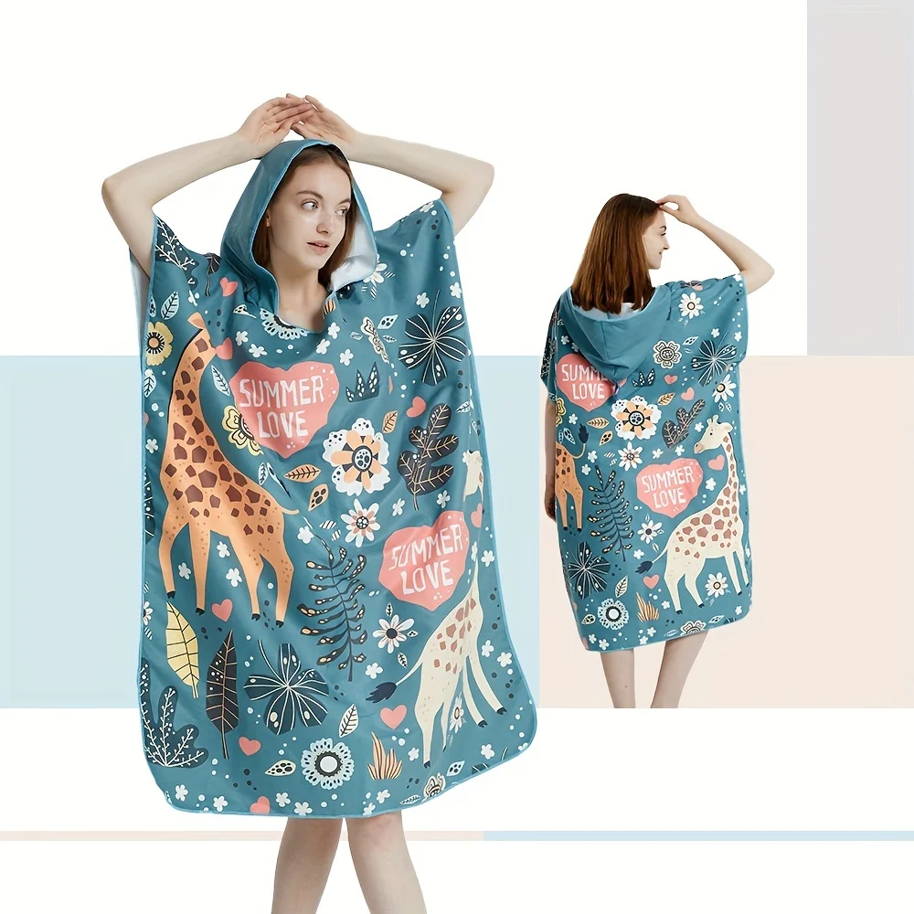 Animal Giraffe Print Hooded Swim Poncho, Portable Microfiber Changing Robe, Beach Towel Cloak