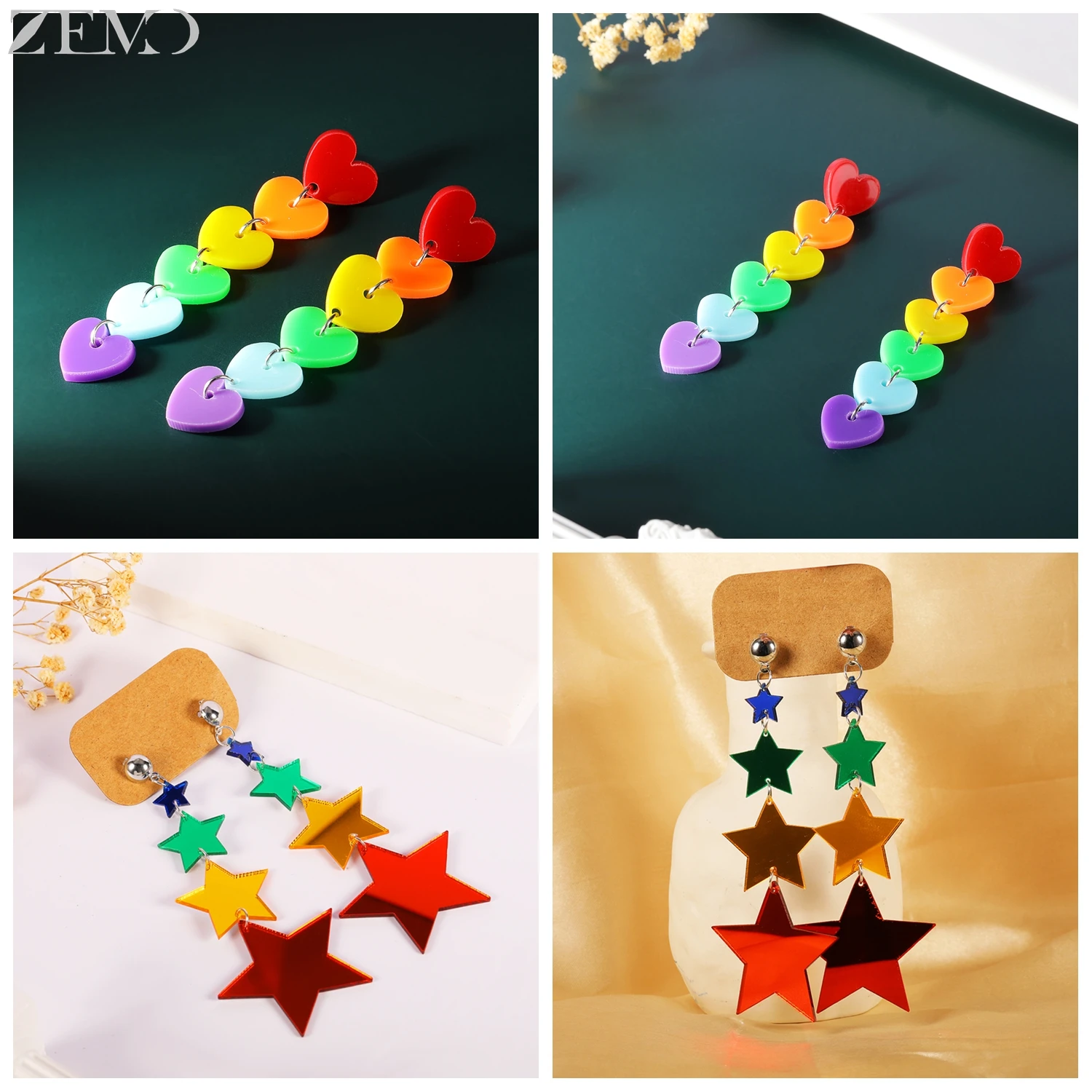 ZEMO 1 Pair Cute Long Pedant Earrings For Women Girls Rainbow Dangle Earring Star Magritte Cat Cloud Frog Ear Piercings Jewelry