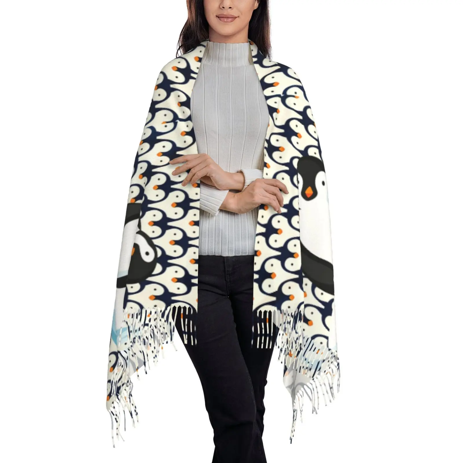 Cute Penguin On Iceberg Print Shawl Scarf Women Lightweight Fringe Wrap Scarf Winter Casual Fashion Cape