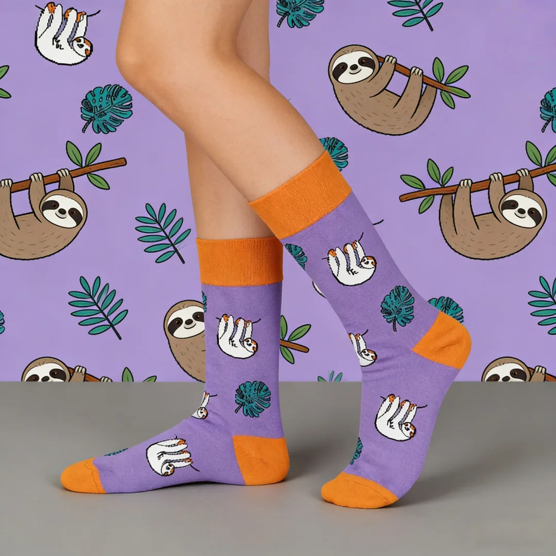 1 Paar Damen-Socken „Spring Sloth“ in Lila und Orange mit Farbblock-Design, lustige Cartoon-Freizeitsocken