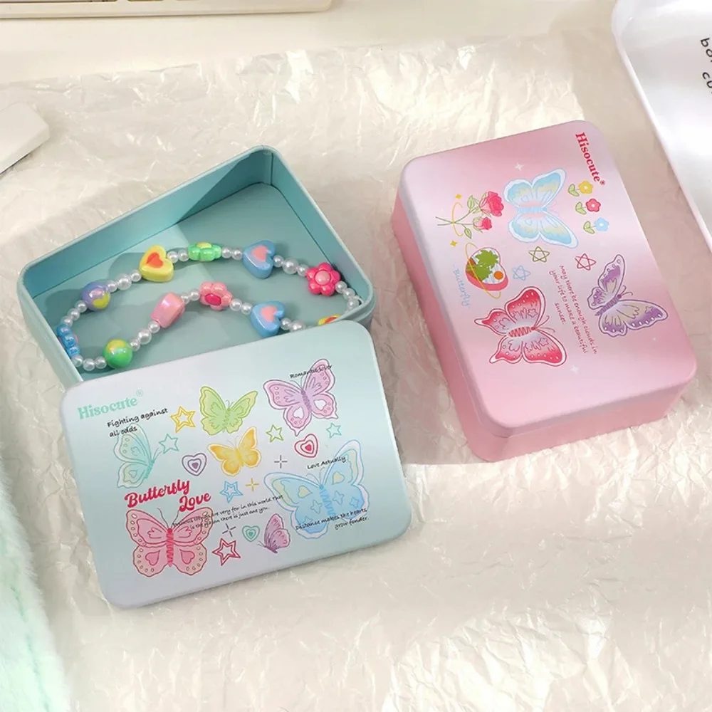 Metal Empty Tin Box School Stationery Rectangular Jewelry Organizer Multifunctional Butterfly Print Idol Photocards Holder