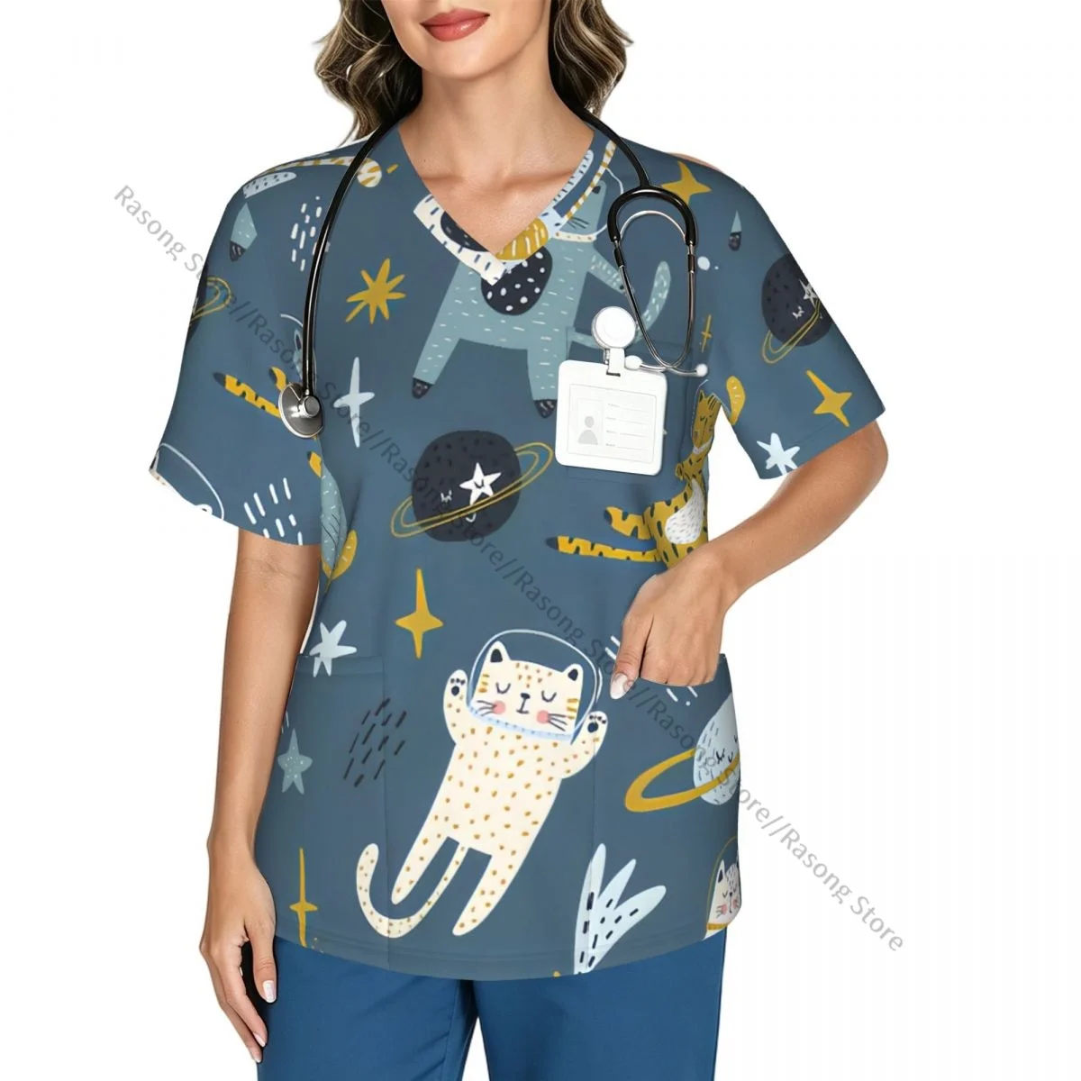 Women's Medical Scrub Top V Neck Short Sleeve Cat Astronauts In Space Stretch Nursing Uniform for Hospital Clinic
