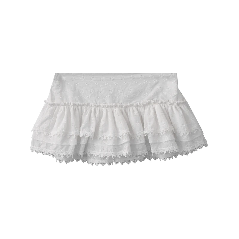 

Y2K Cotton Lace Mini Skirt Women Ruffle Edge A Line Elastic Waist Fluffy White Skirt Curtain Style