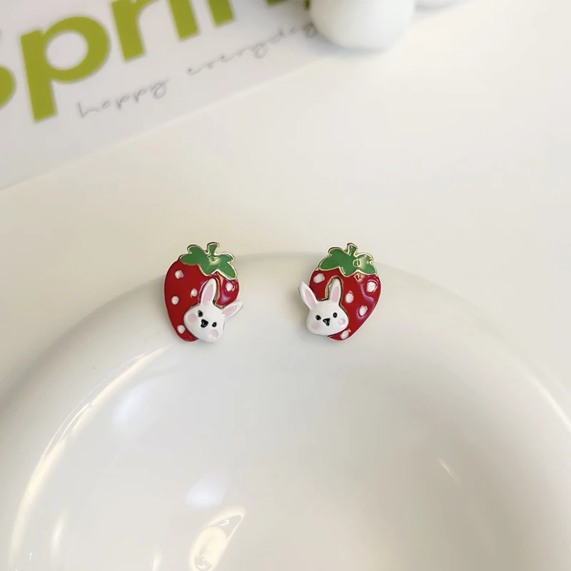 Mihan Lovely Jewelry 925 Silver Needle Red Stawberry Earrings Sweet Korean Temperament Boknot Rabbit Drop Earrings For Girl Gift