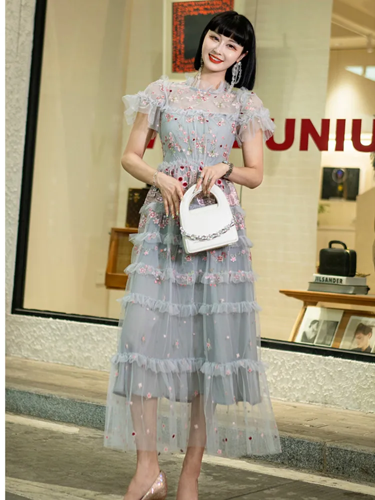 Runway Designer Luxury Summer Dress Long For Women Retro Mesh Stitching Floral Embroidery Slim Elegant Holiday Maxi Dress