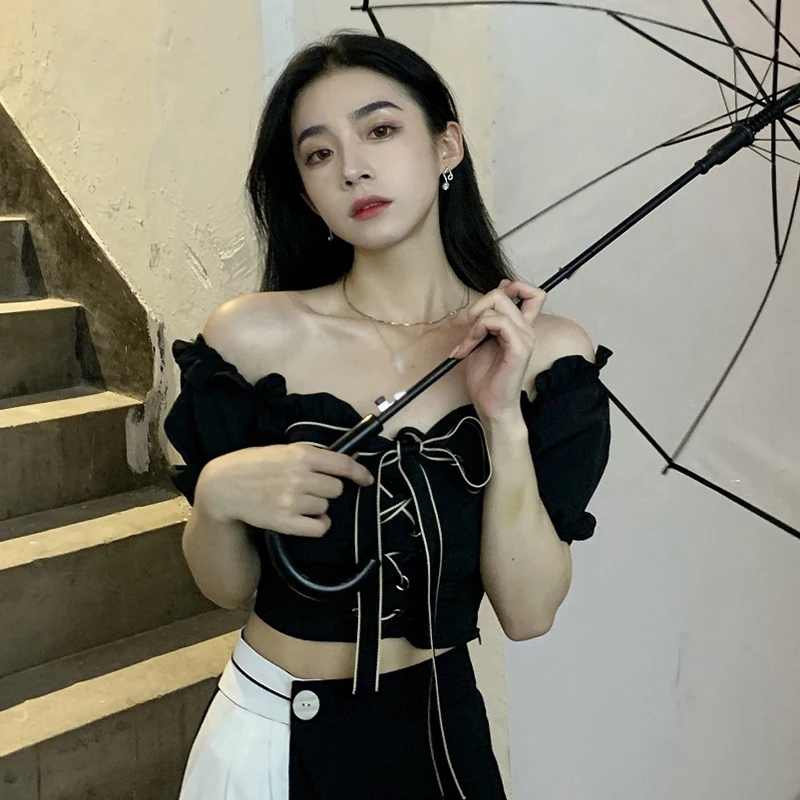 Off Shoulder Blouse Women Lace-up Bow Design Puff Short Sleeves Slim Fitting Sexy All-Match Hot Girl Streetwear Versatile Summer