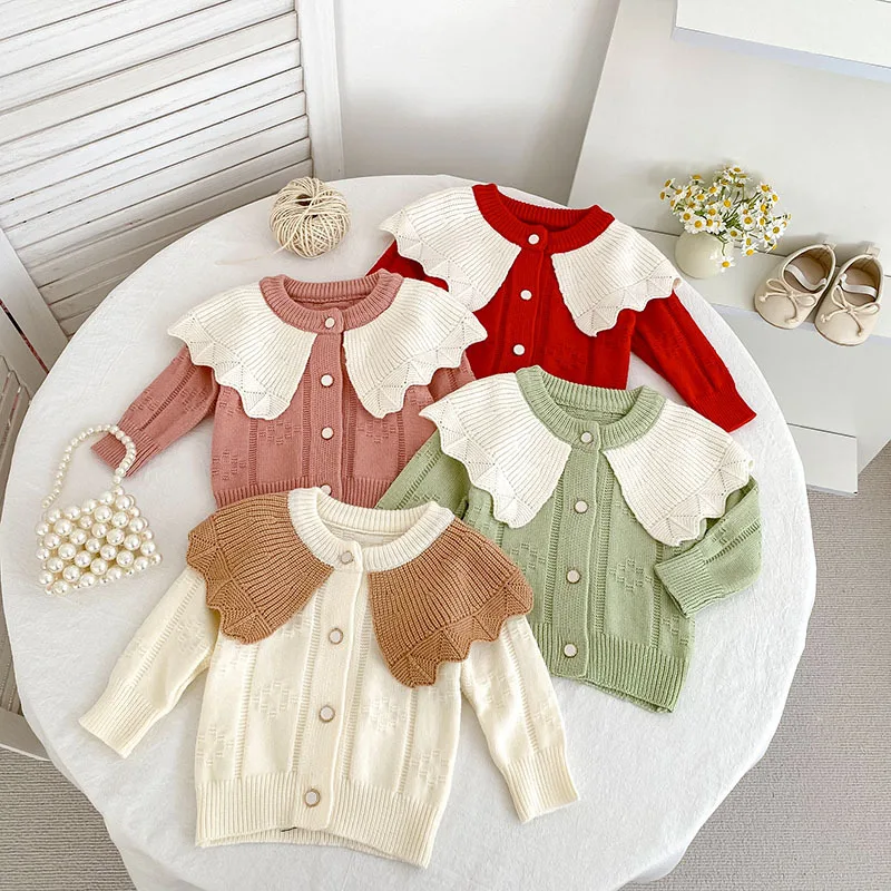

2025 New Winter Baby Girls Cardigan Cute Lapel Knit Sweater Coat Soft Cotton Outerwear Infant Toddler Clothes 0-24 Months