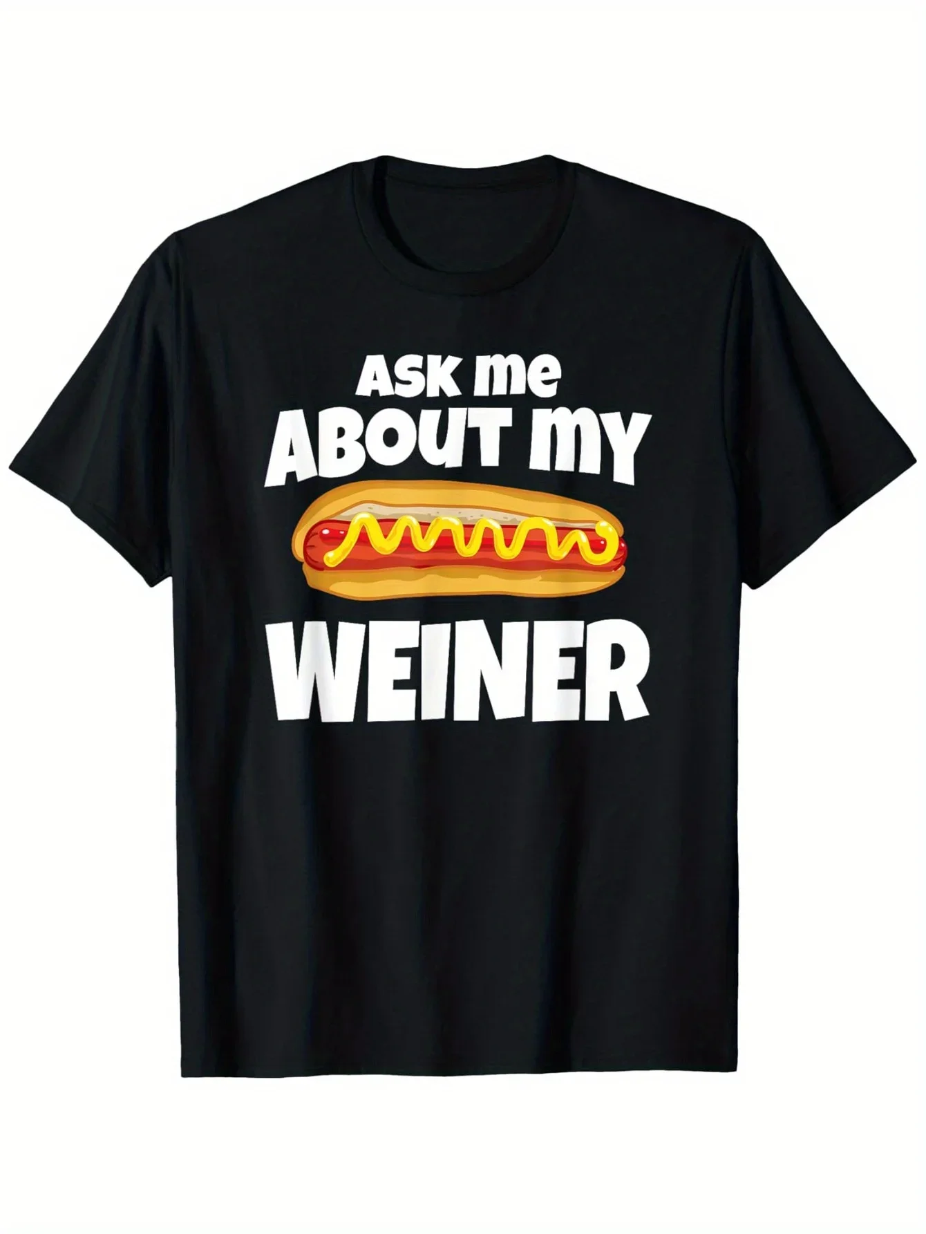 New 1pc, Ask Me About My Hot Dog Men's Graphic T-Shirt - Breathable Crew Neck Short Sleeve Men's T-Shirt, Hot Dog Design, Casual